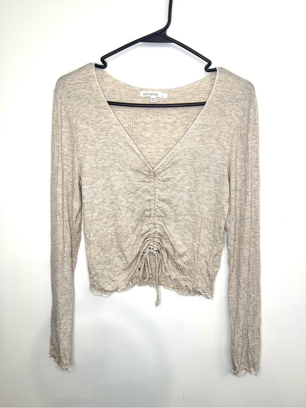 Antistar Beige Ruched V-Neck Long Sleeve Crop Top